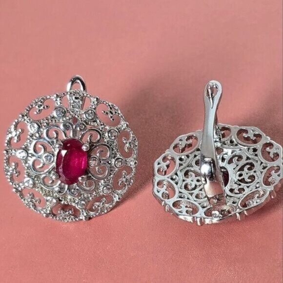 Natural Ruby 14K White Gold on 925 Sterling Silver Earrings - Picture 5 of 6